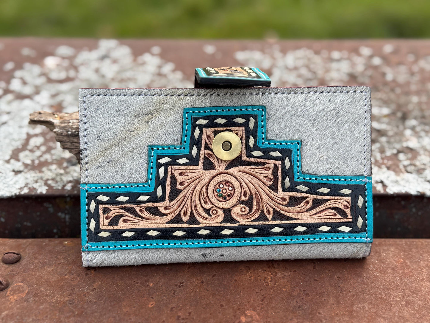 Black and Turquoise Genuine Western Cowhide Leather Purse with Fringe