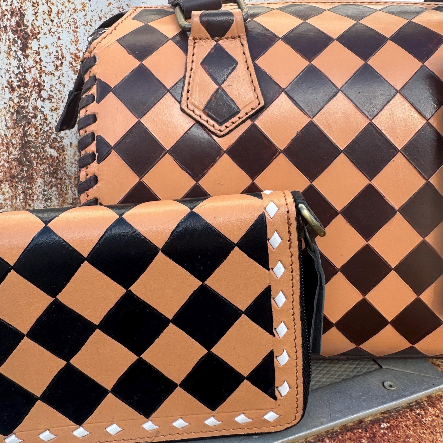 Caramel Espresso Checkered Speedy Western Genuine Leather Purse