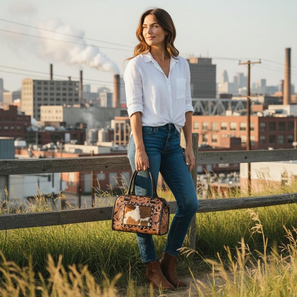 Genuine Western Leather Speedy Barrel Bag with Cowhide and Tooled Details