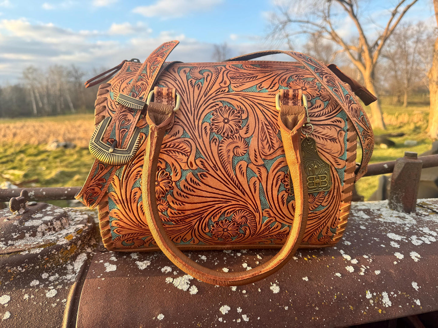 Turquoise and Tan Speedy Western Genuine Leather Barrel Bag