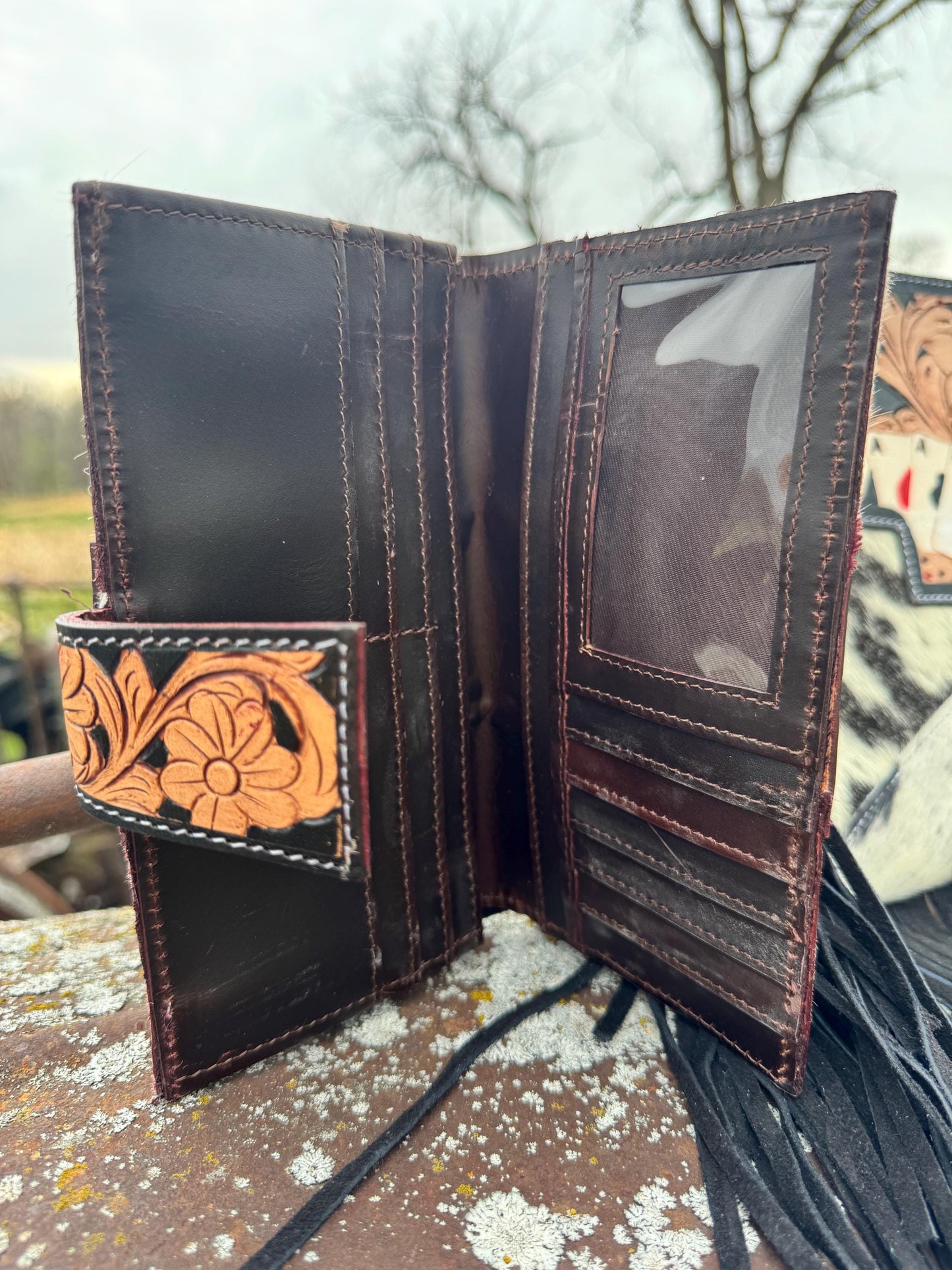 Genuine Western Spotted Cowhide Leather Purse and Wallet Set with Ace Cards Detail and Fringe