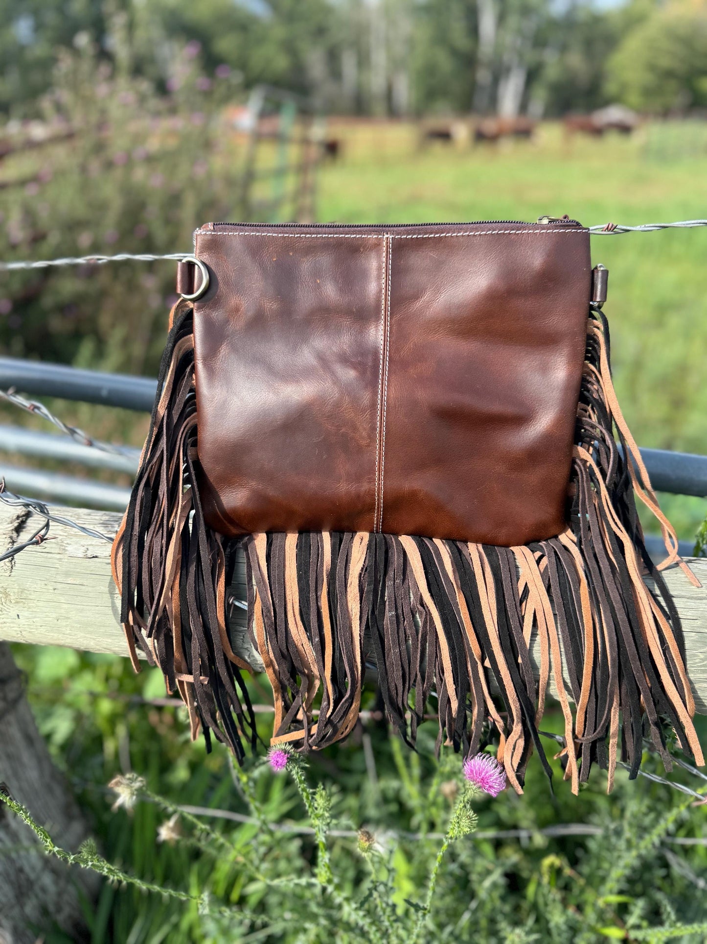 Brown Genuine Western Cowhide Leather Purse with Black and Brown Fringe