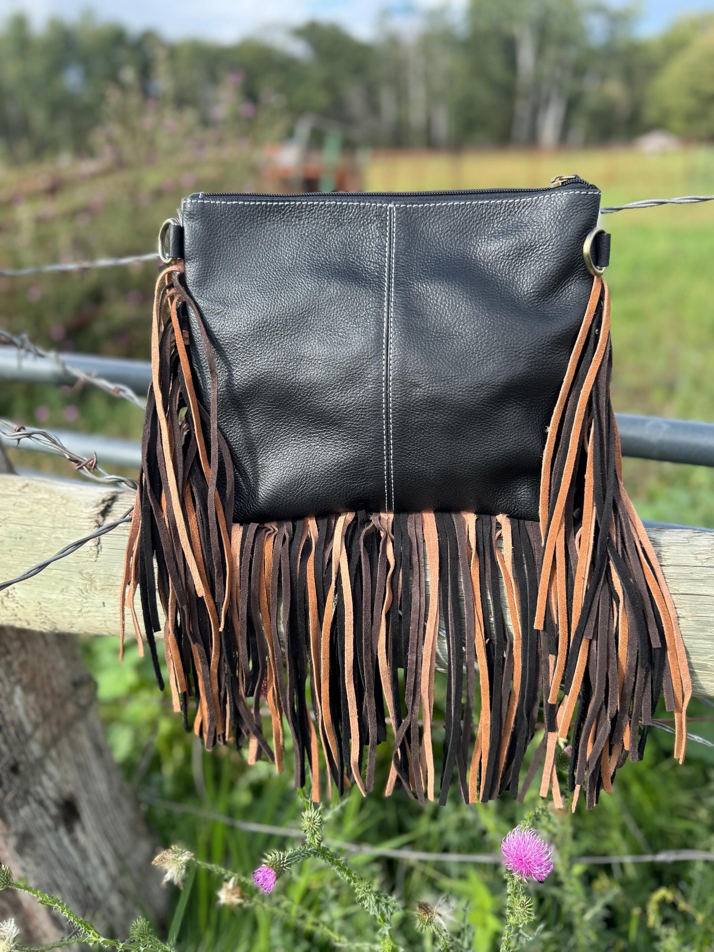 Black Genuine Western Cowhide Leather Purse with Scalloped Tooling and Fringe