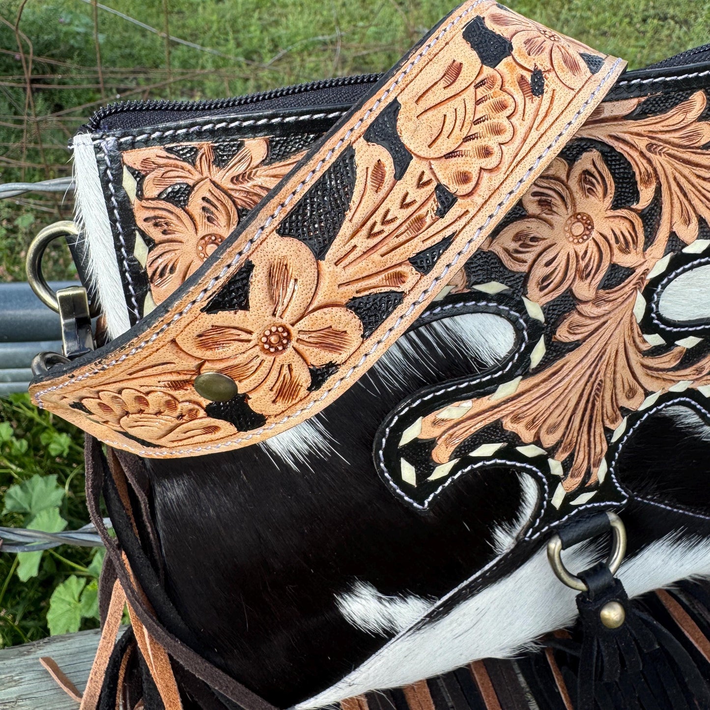Black Genuine Western Cowhide Leather Purse with Scalloped Tooling and Fringe