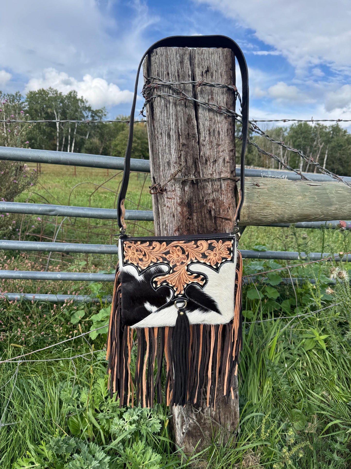 Black Genuine Western Cowhide Leather Purse with Scalloped Tooling and Fringe
