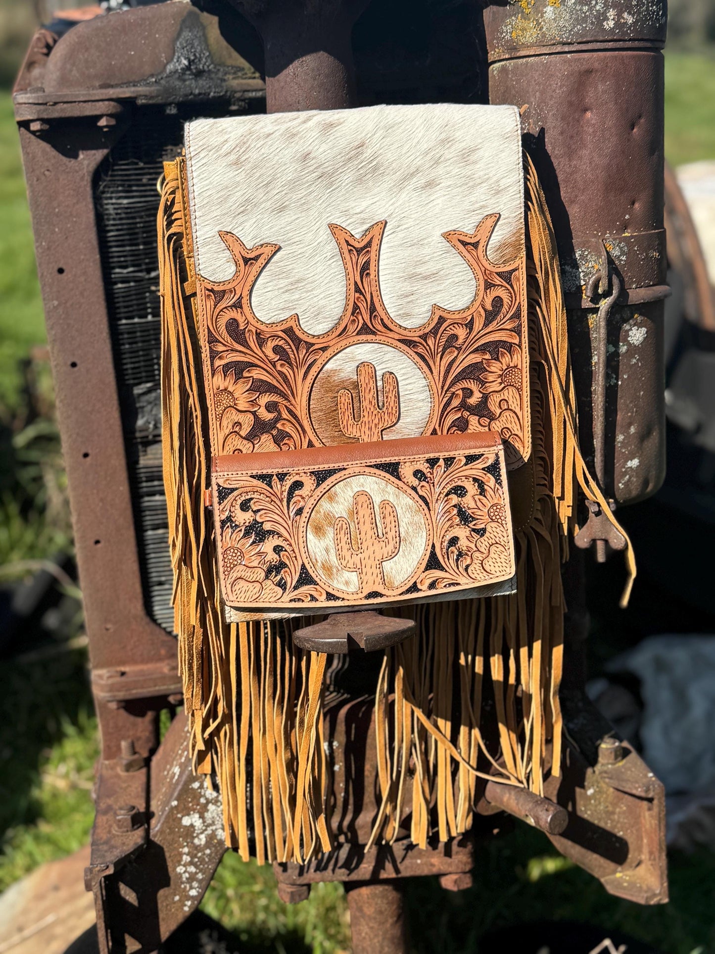 Genuine Western Cowhide Leather Purse and Wallet Set with Fringe and Cactus Tooling