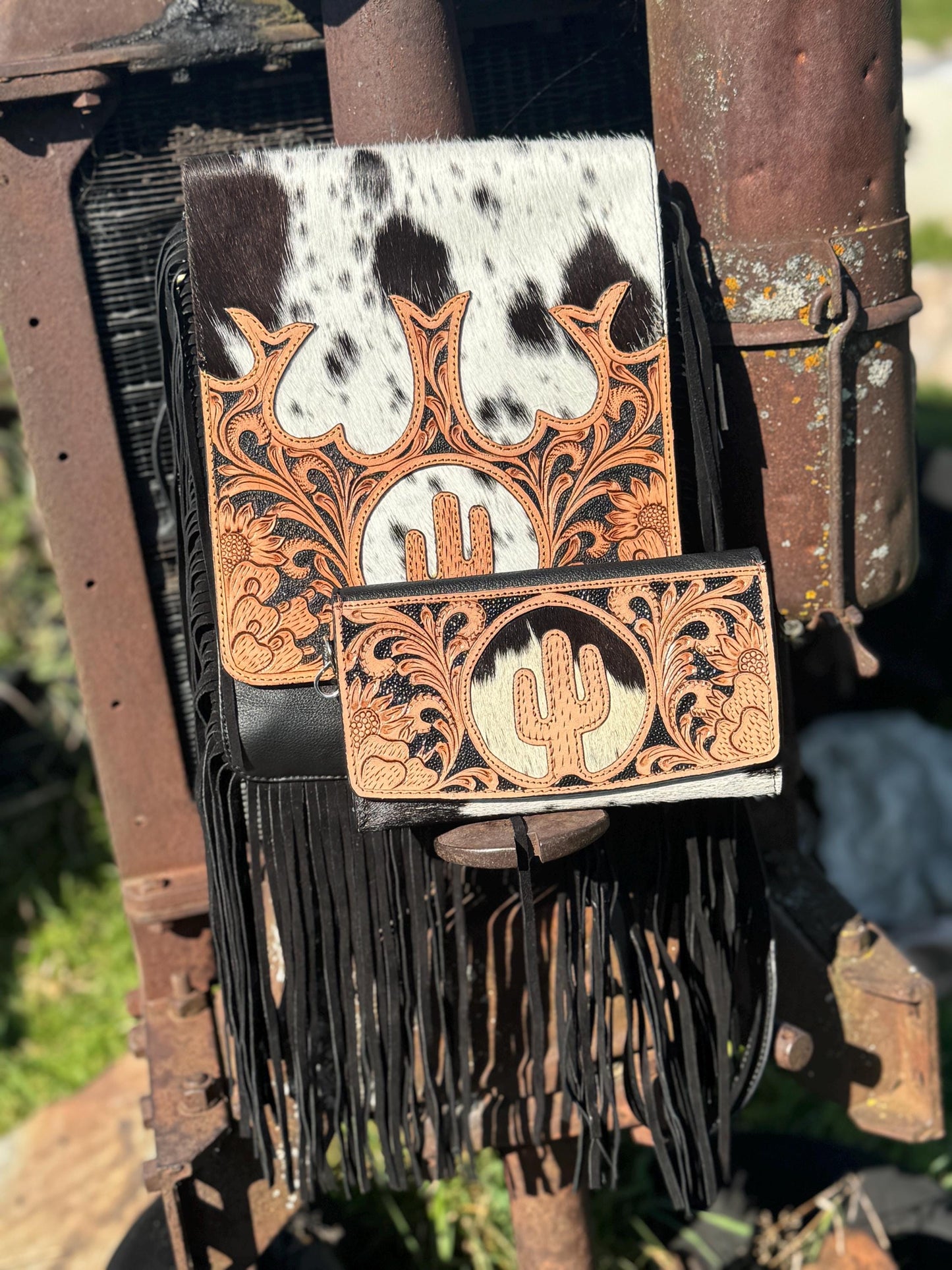 Genuine Western Cowhide Leather Purse and Wallet Set with Fringe and Cactus Tooling