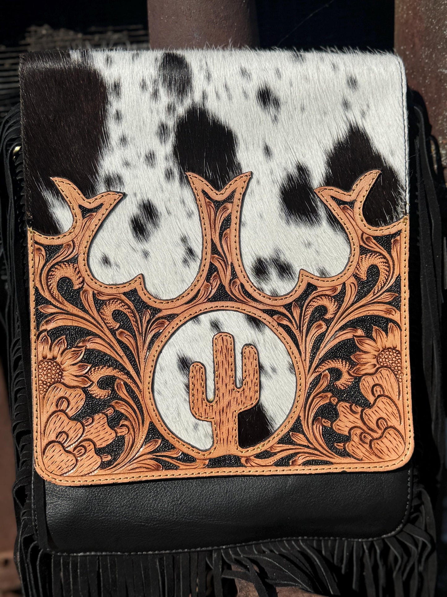 Genuine Western Cowhide Leather Purse and Wallet Set with Fringe and Cactus Tooling
