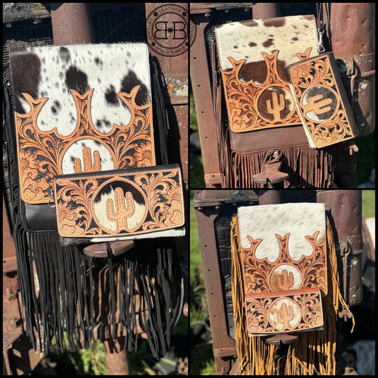 Genuine Western Cowhide Leather Purse and Wallet Set with Fringe and Cactus Tooling