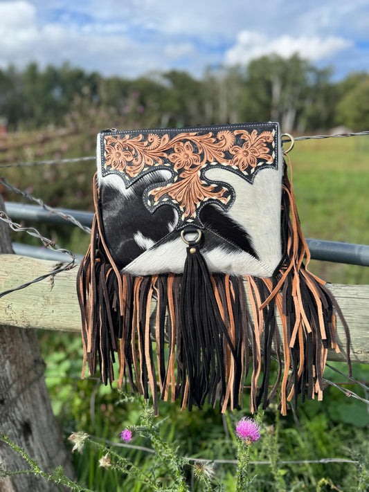 Black Genuine Western Cowhide Leather Purse with Scalloped Tooling and Fringe