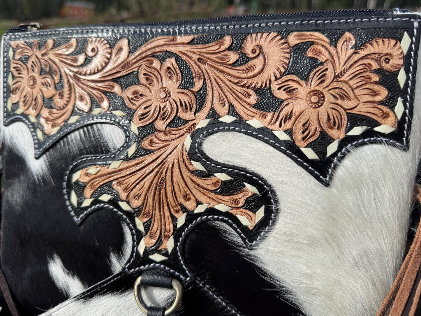 Black Genuine Western Cowhide Leather Purse with Scalloped Tooling and Fringe