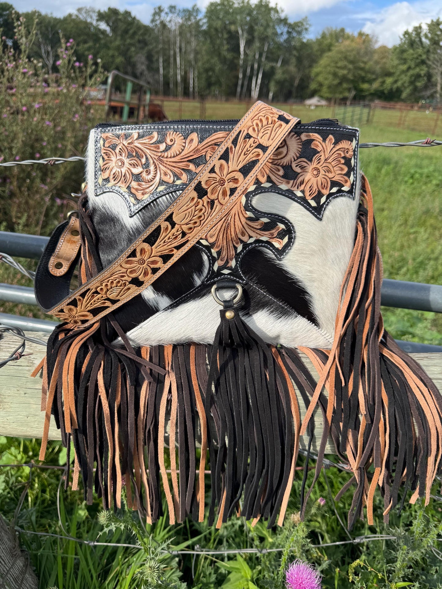 Black Genuine Western Cowhide Leather Purse with Scalloped Tooling and Fringe