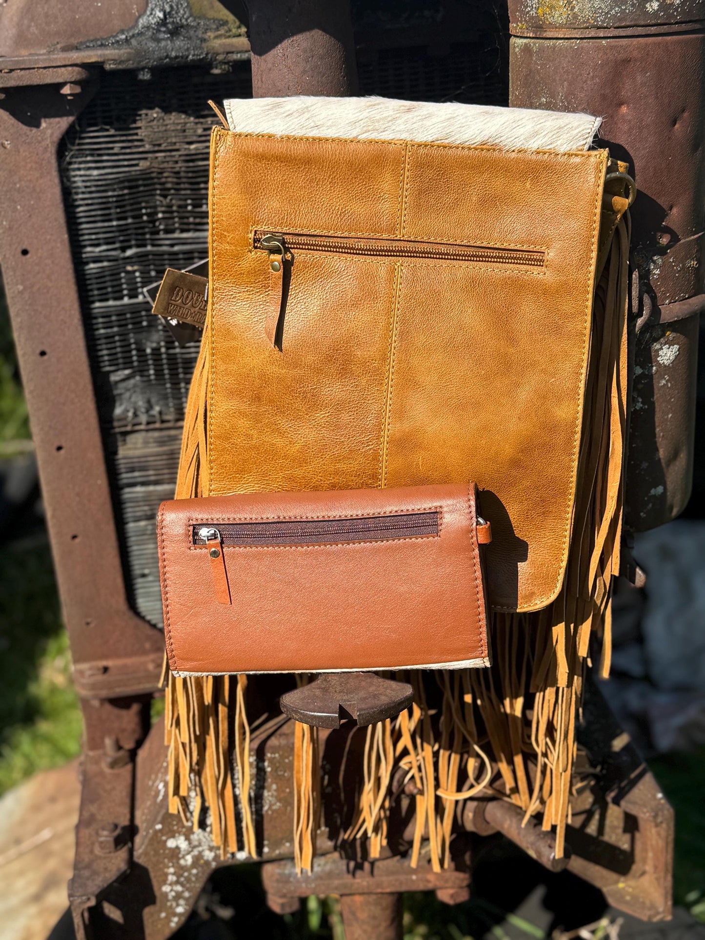Genuine Western Cowhide Leather Purse and Wallet Set with Fringe and Cactus Tooling