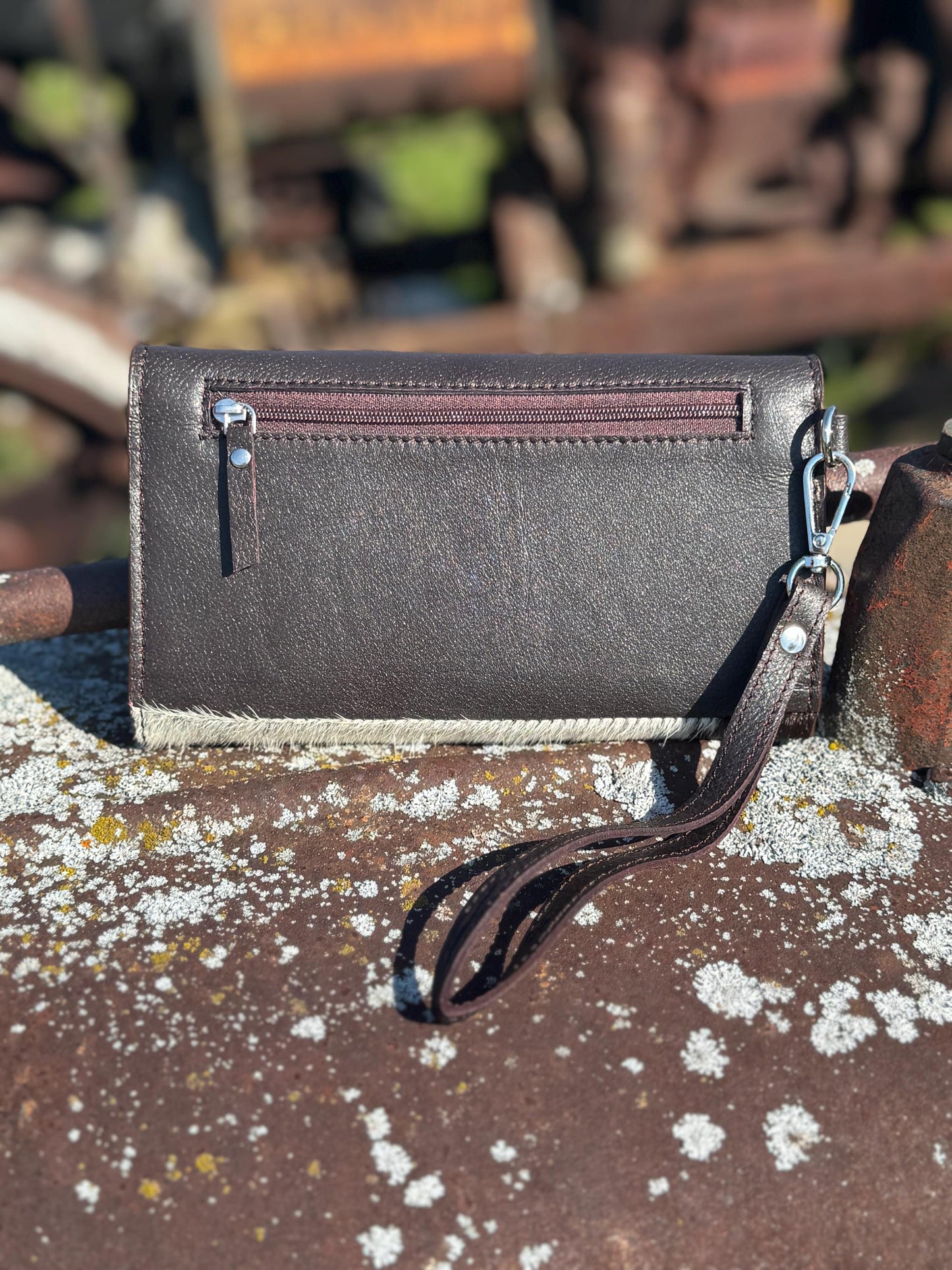 Genuine Western Cowhide Leather Purse and Wallet Set with Fringe and Cactus Tooling