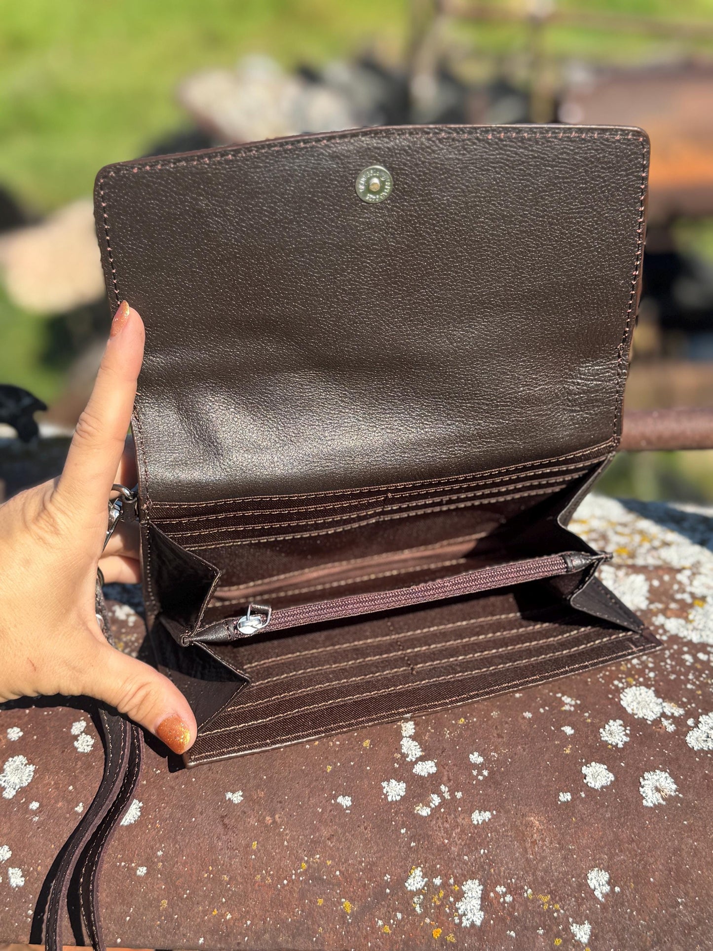 Genuine Western Cowhide Leather Purse and Wallet Set with Fringe and Cactus Tooling