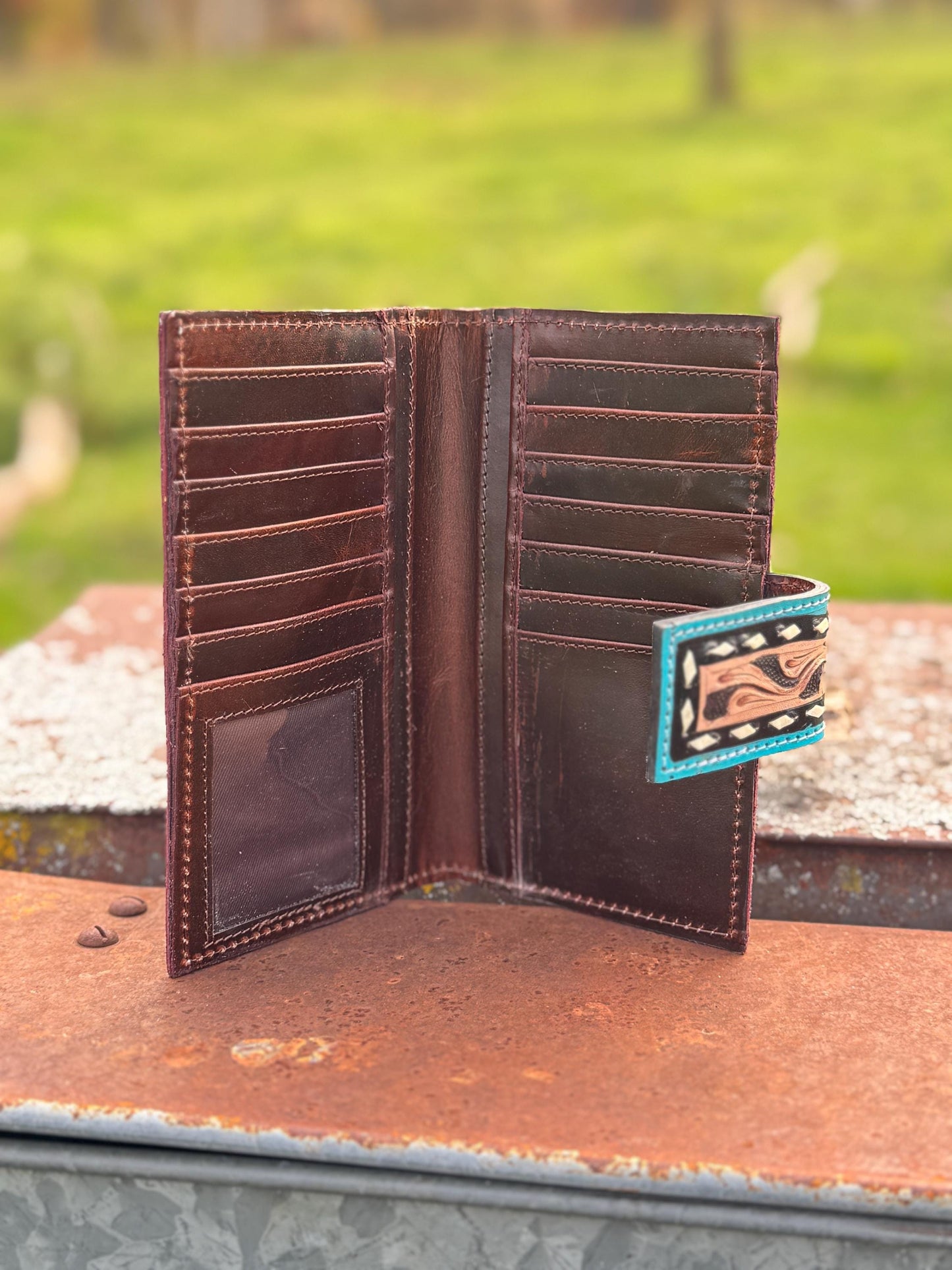 Black and Turquoise Genuine Western Cowhide Leather Purse with Fringe
