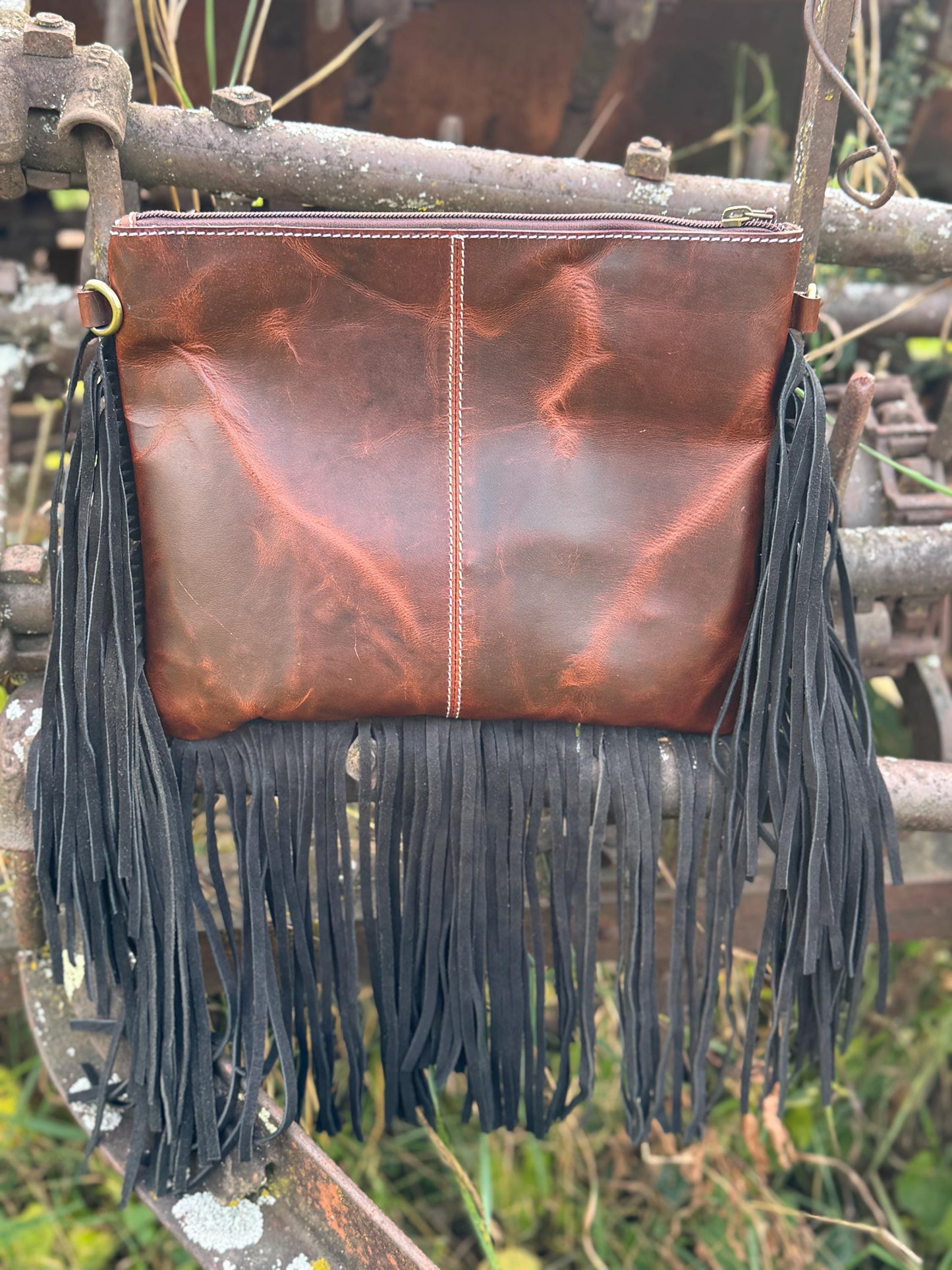 Black and Turquoise Genuine Western Cowhide Leather Purse with Fringe