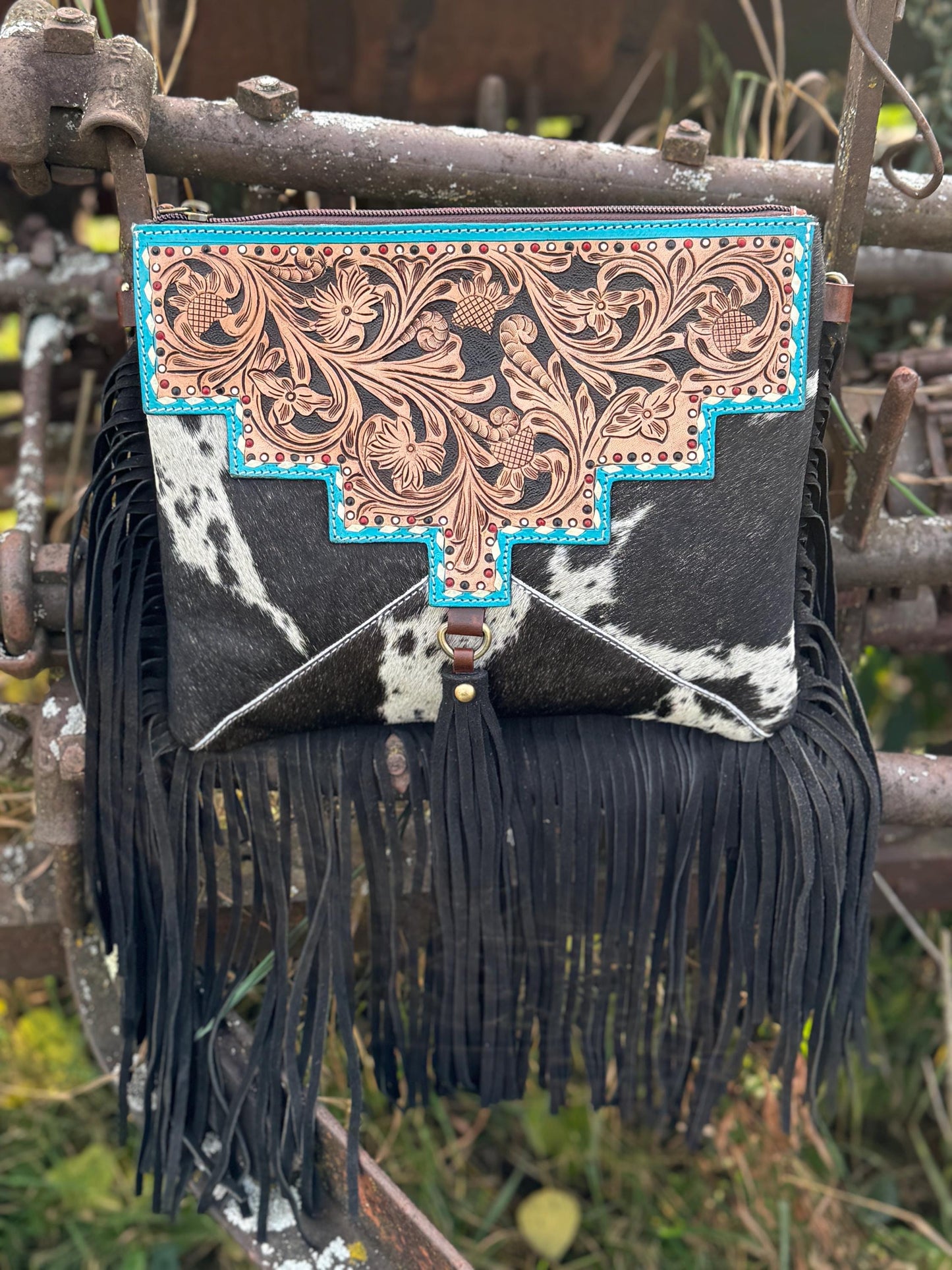 Black and Turquoise Genuine Western Cowhide Leather Purse with Fringe