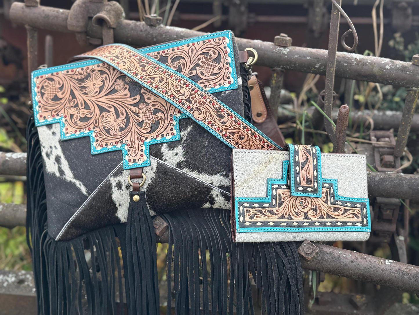 Black and Turquoise Genuine Western Cowhide Leather Purse with Fringe