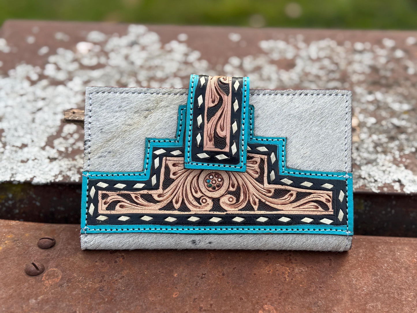 Black and Turquoise Genuine Western Cowhide Leather Purse with Fringe