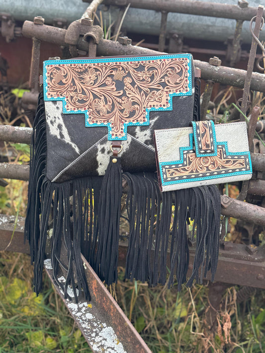 Black and Turquoise Genuine Western Cowhide Leather Purse with Fringe