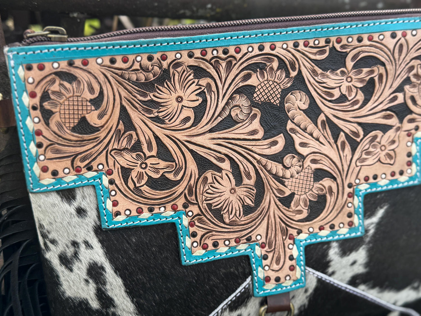 Black and Turquoise Genuine Western Cowhide Leather Purse with Fringe
