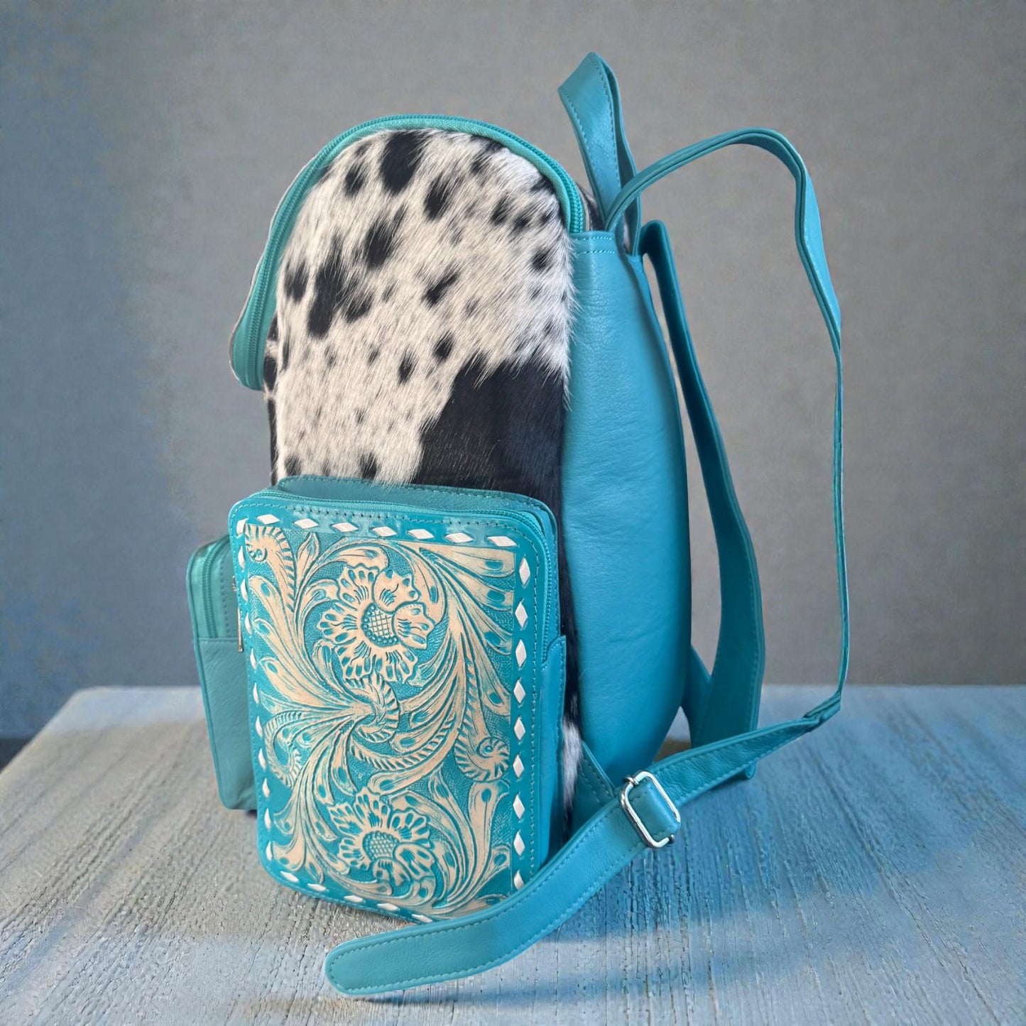 Turquoise Genuine Western Cowhide Leather Backpack - Personal Item & Carry-On