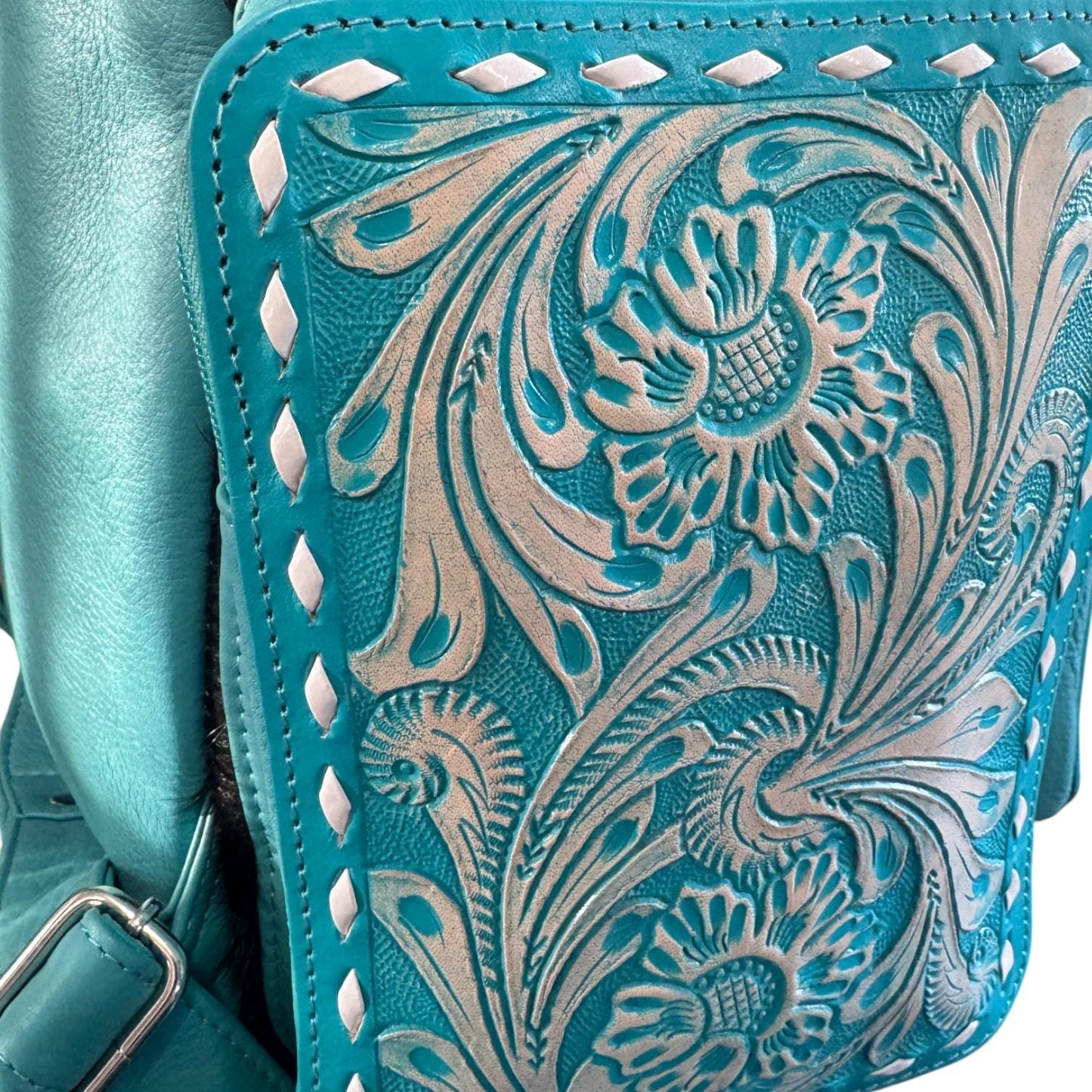 Turquoise Genuine Western Cowhide Leather Backpack - Personal Item & Carry-On