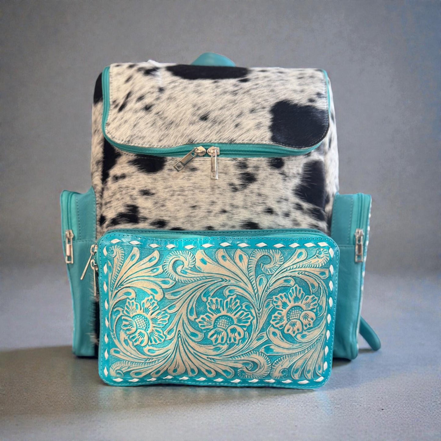 Turquoise Genuine Western Cowhide Leather Backpack - Personal Item & Carry-On