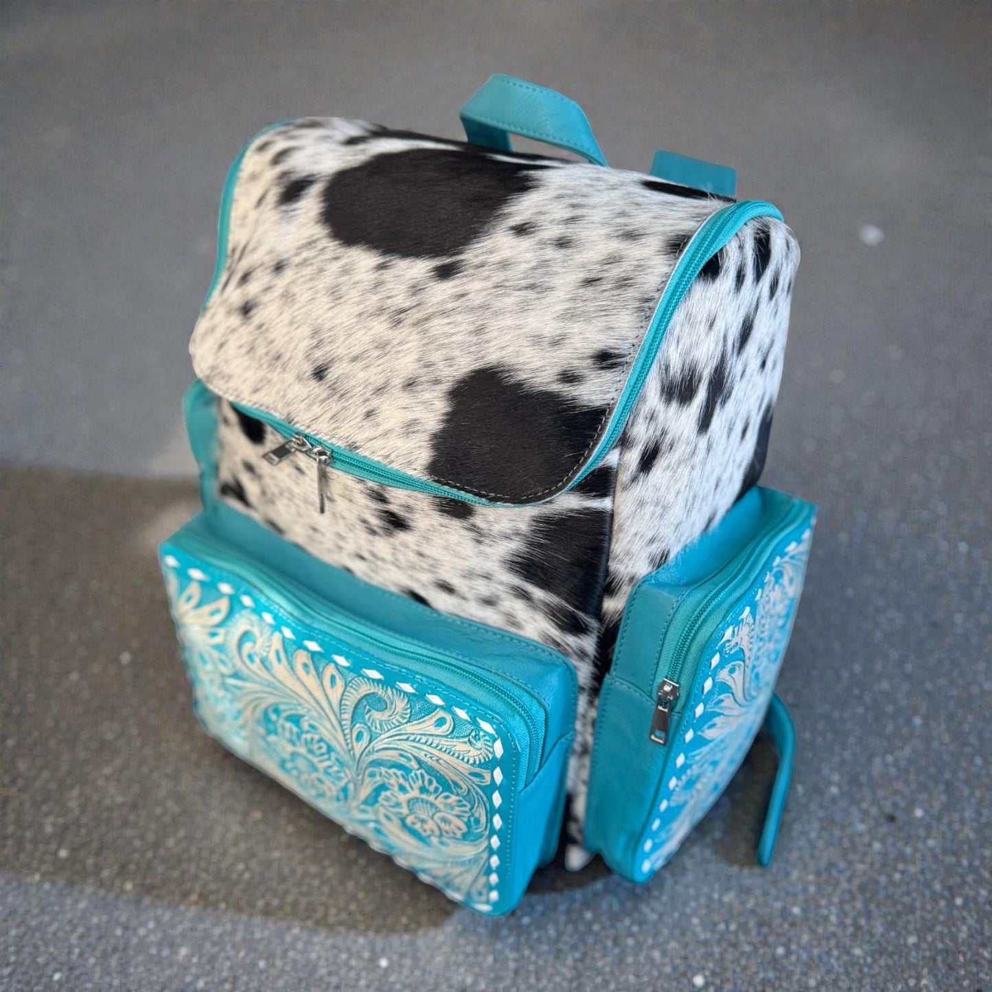 Turquoise Genuine Western Cowhide Leather Backpack - Personal Item & Carry-On