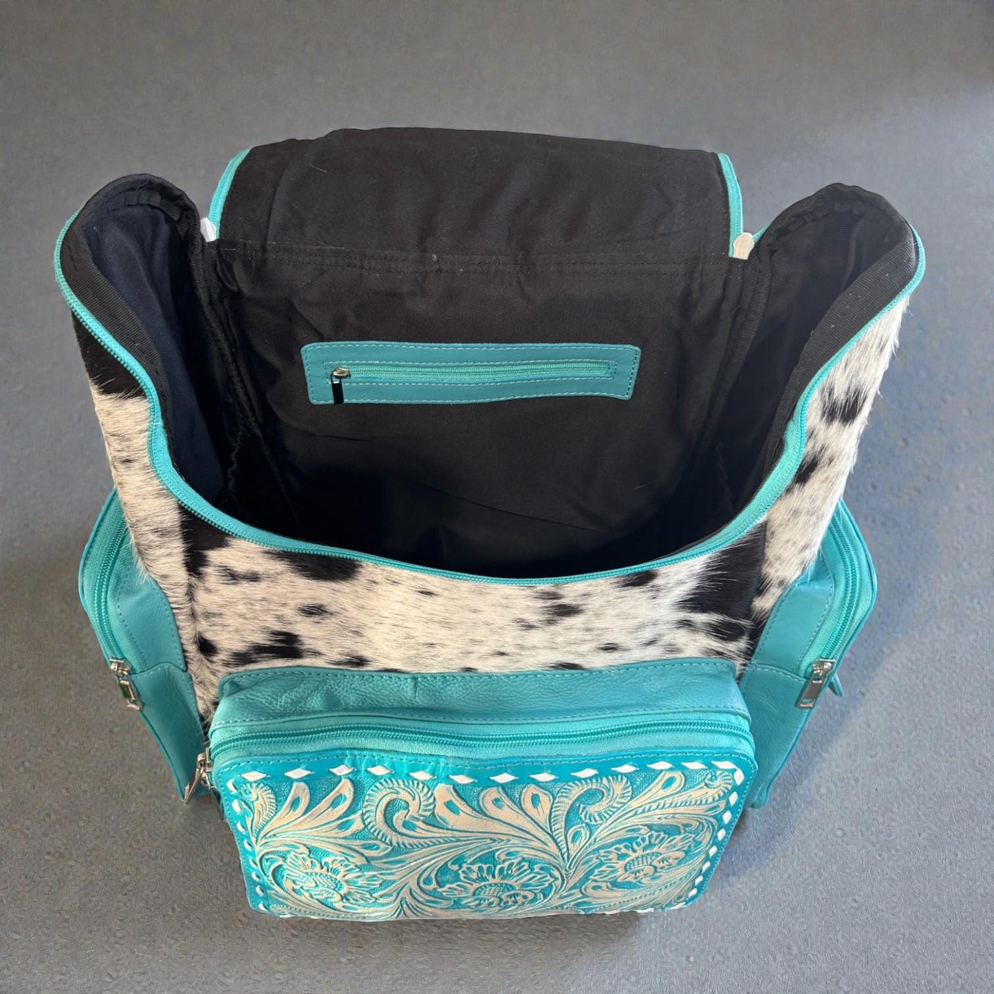 Turquoise Genuine Western Cowhide Leather Backpack - Personal Item & Carry-On