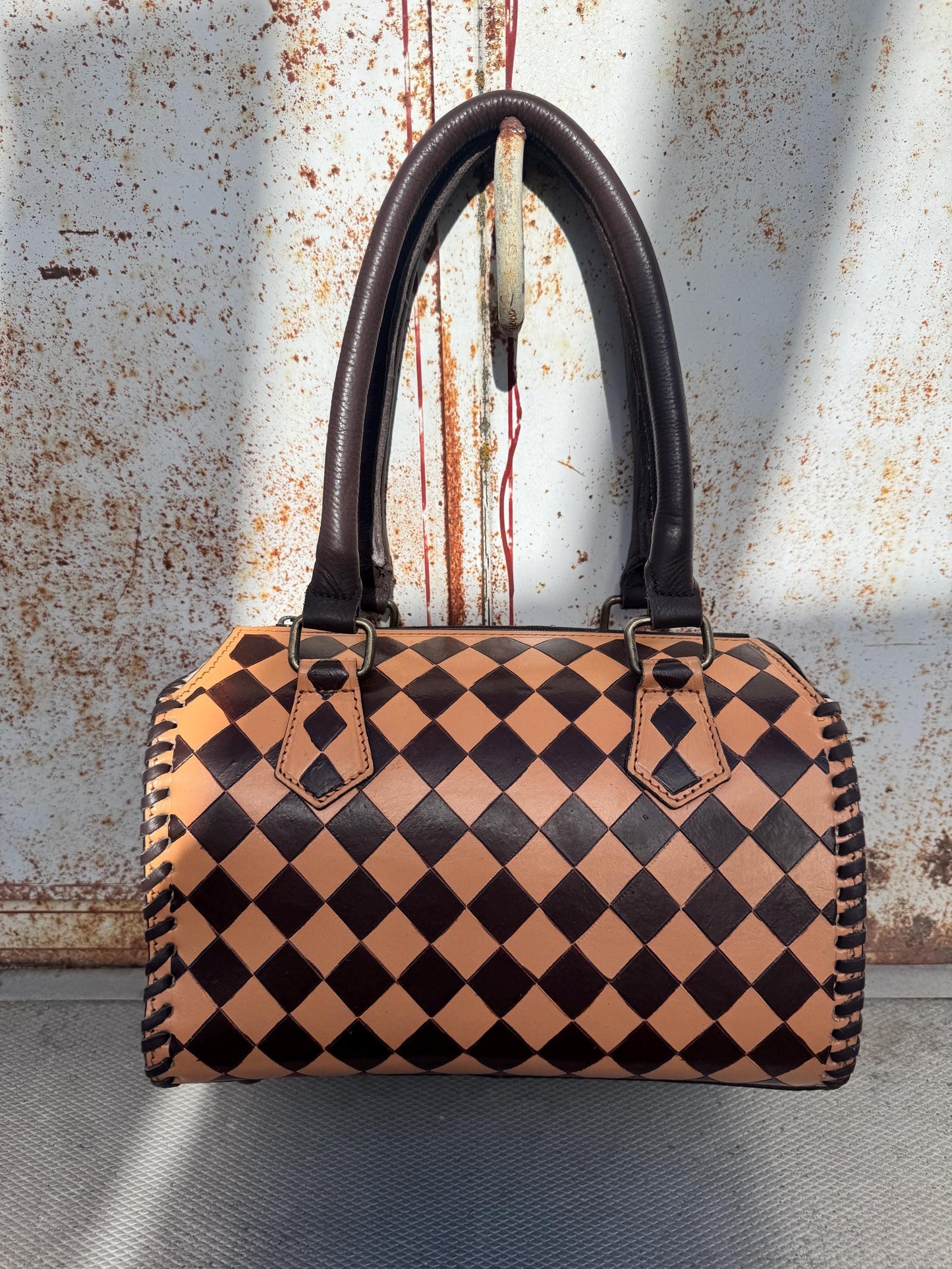 Caramel Espresso Checkered Speedy Western Genuine Leather Purse