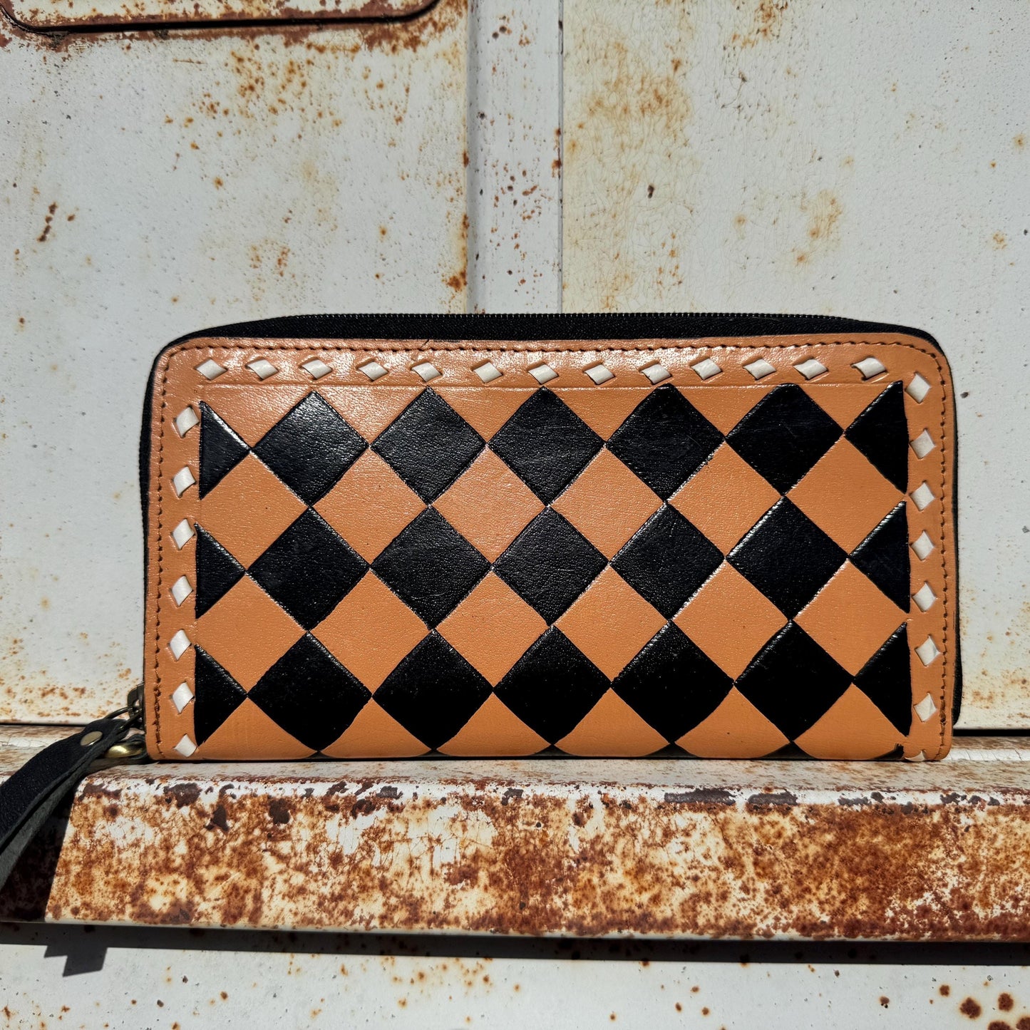 Caramel Espresso Checkered Speedy Western Genuine Leather Purse