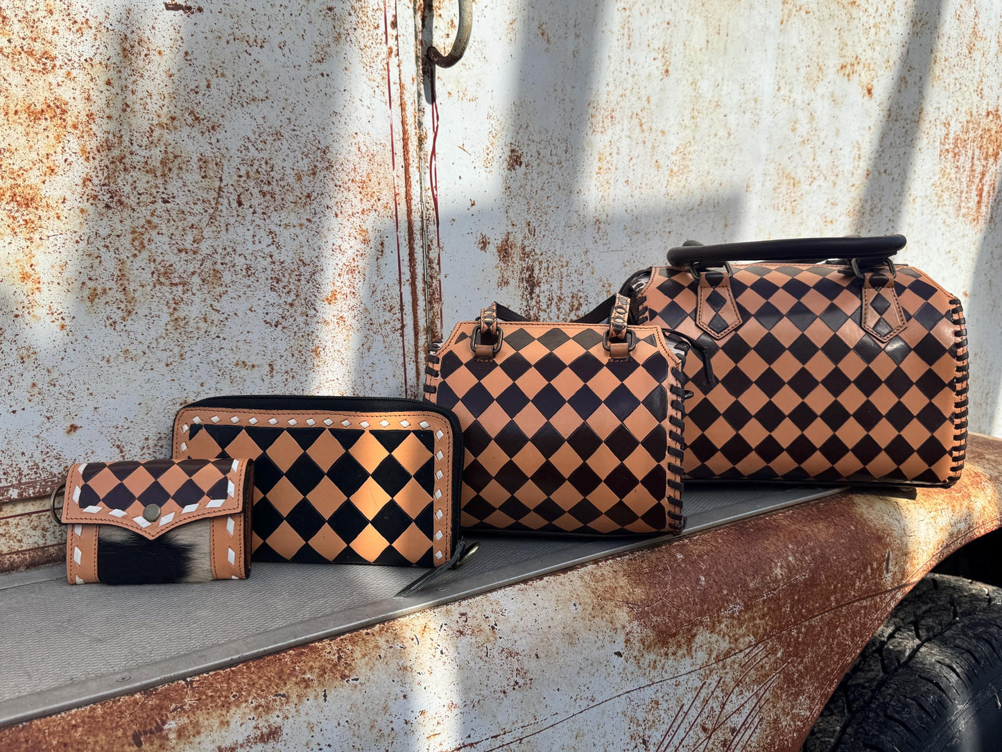 Caramel Espresso Checkered Speedy Western Genuine Leather Purse