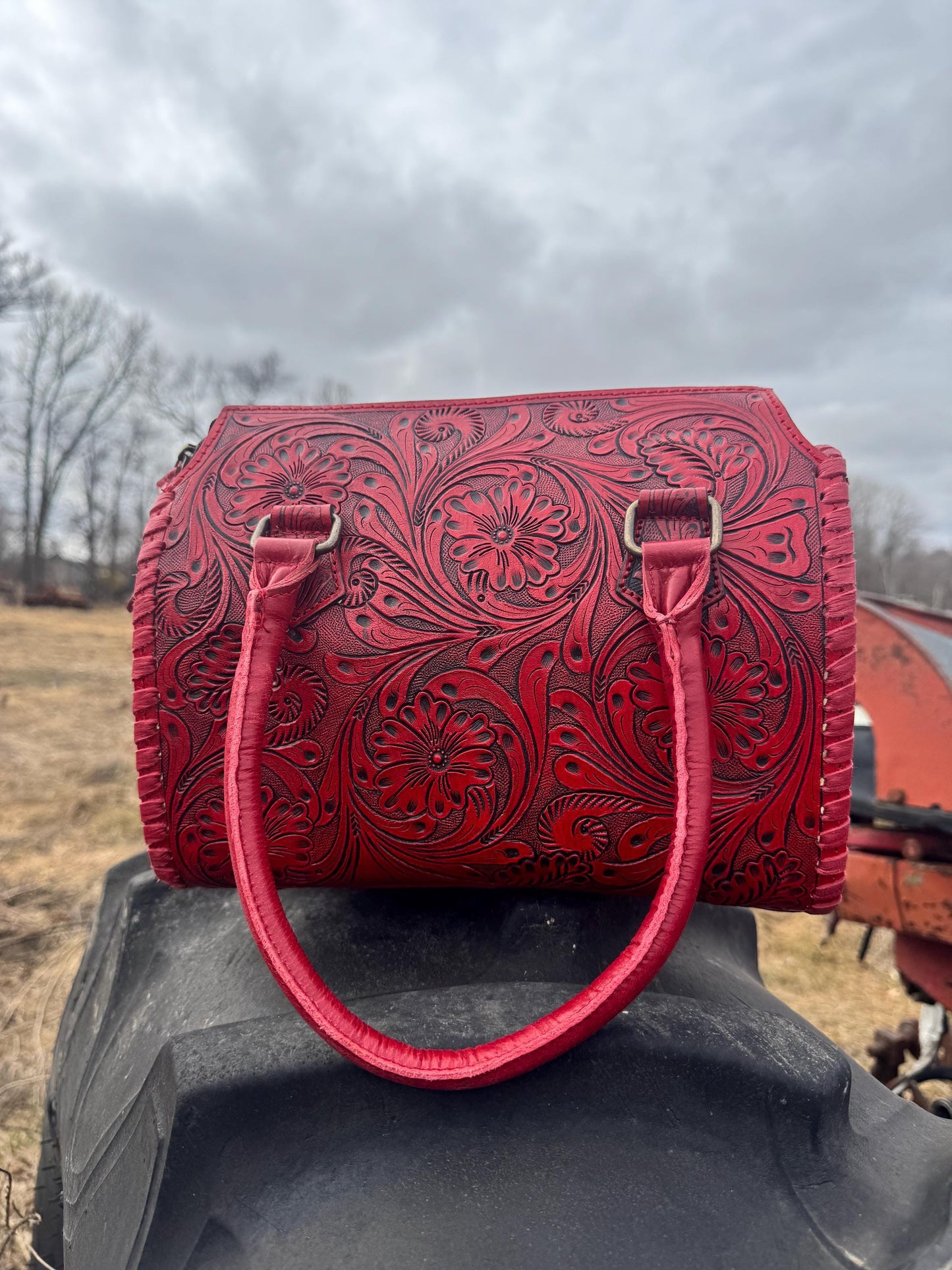 Deep Cherry Red Speedy Western Genuine Leather Barrel Bag