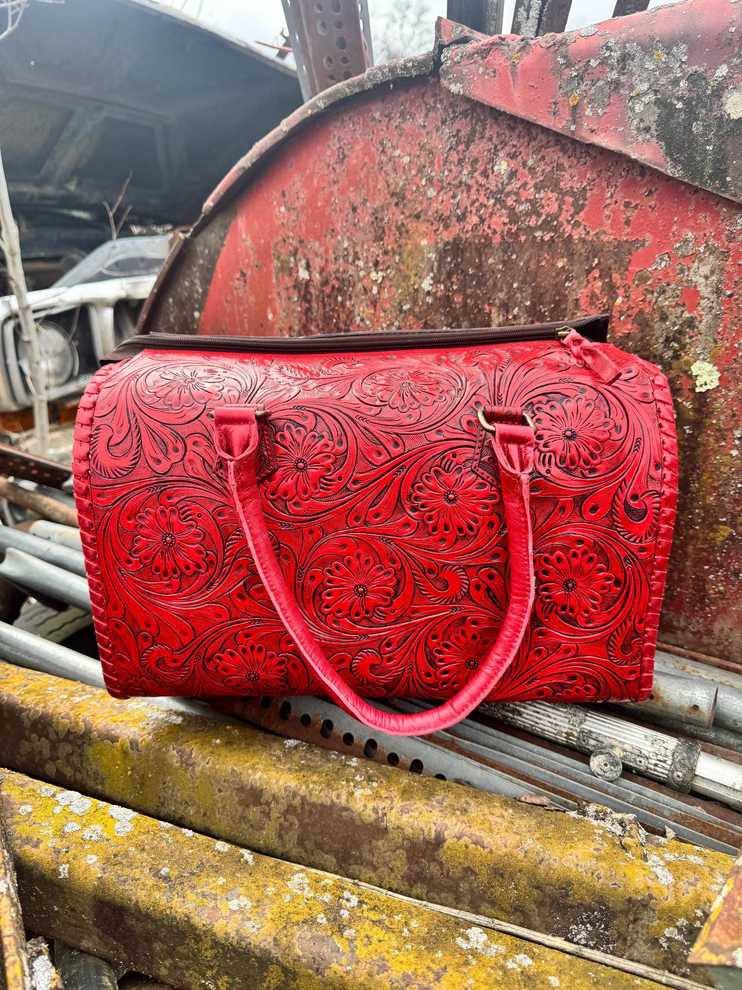 Deep Cherry Red Speedy Western Genuine Leather Barrel Bag