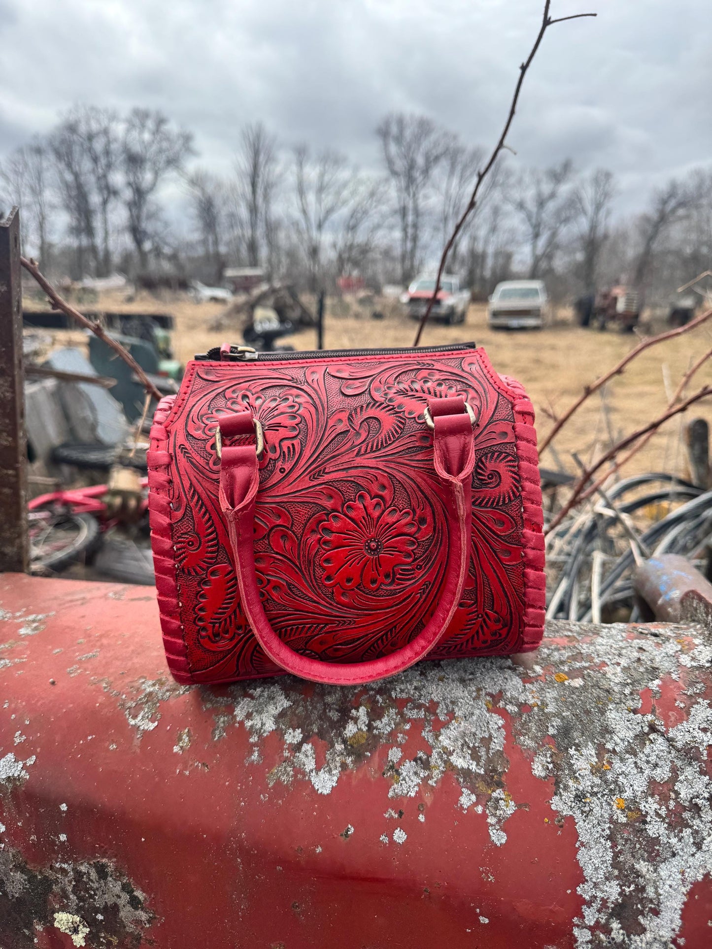 Deep Cherry Red Speedy Western Genuine Leather Barrel Bag