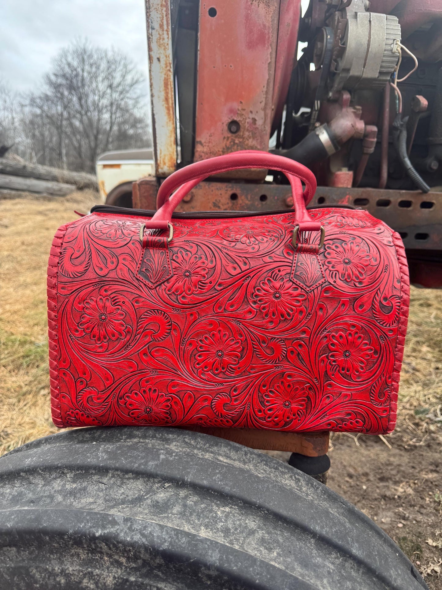 Deep Cherry Red Speedy Western Genuine Leather Barrel Bag