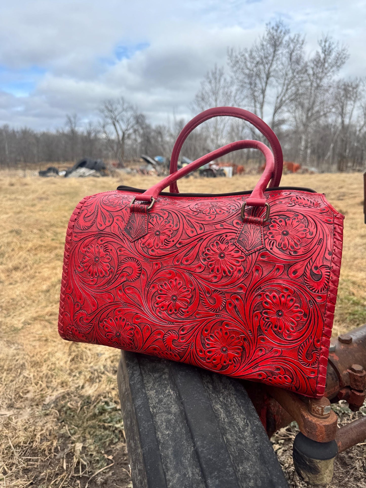 Deep Cherry Red Speedy Western Genuine Leather Barrel Bag