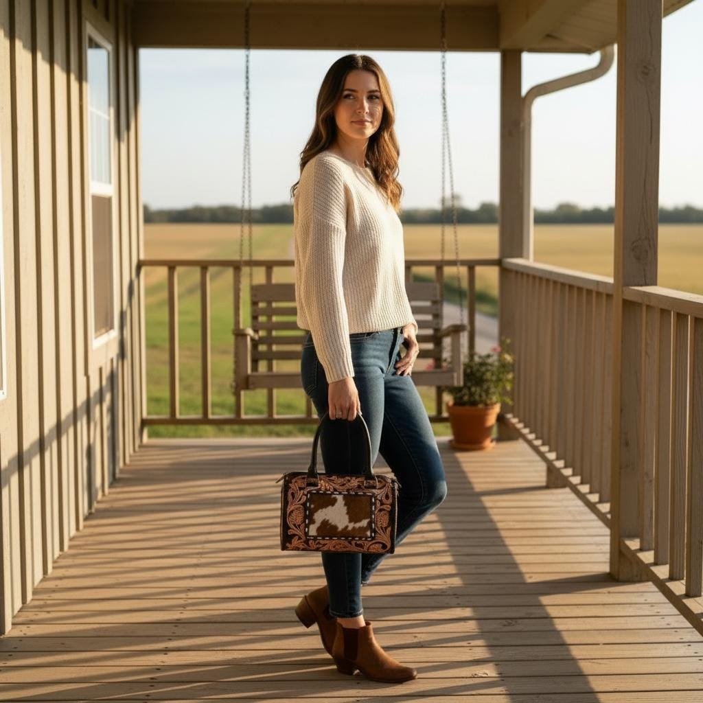 Genuine Western Leather Speedy Barrel Bag with Cowhide and Tooled Details
