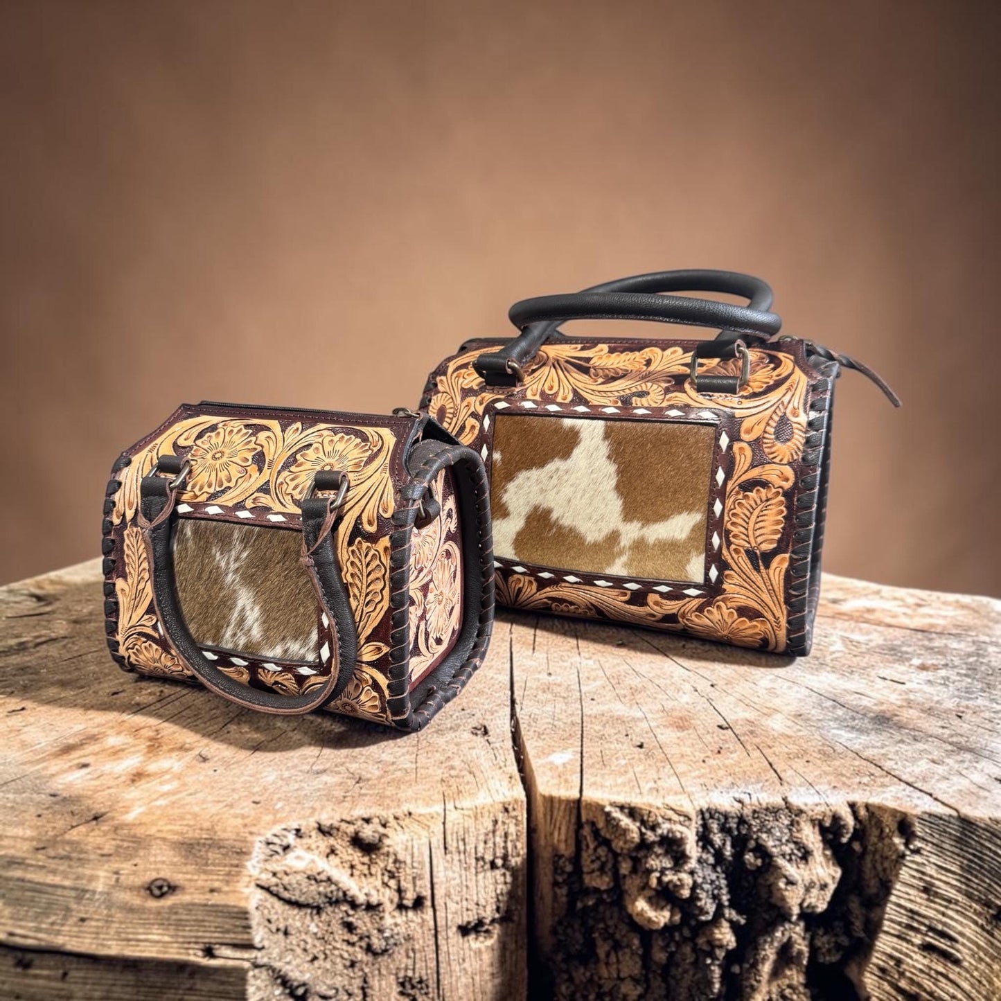 Genuine Western Leather Speedy Barrel Bag with Cowhide and Tooled Details