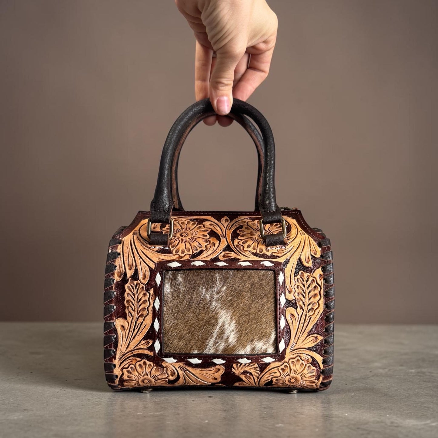 Genuine Western Leather Speedy Barrel Bag with Cowhide and Tooled Details