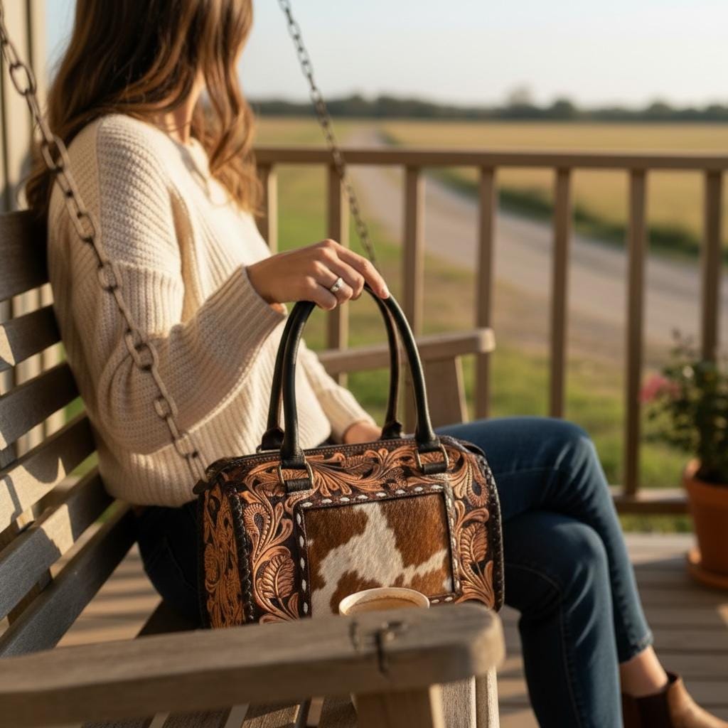 Genuine Western Leather Speedy Barrel Bag with Cowhide and Tooled Details