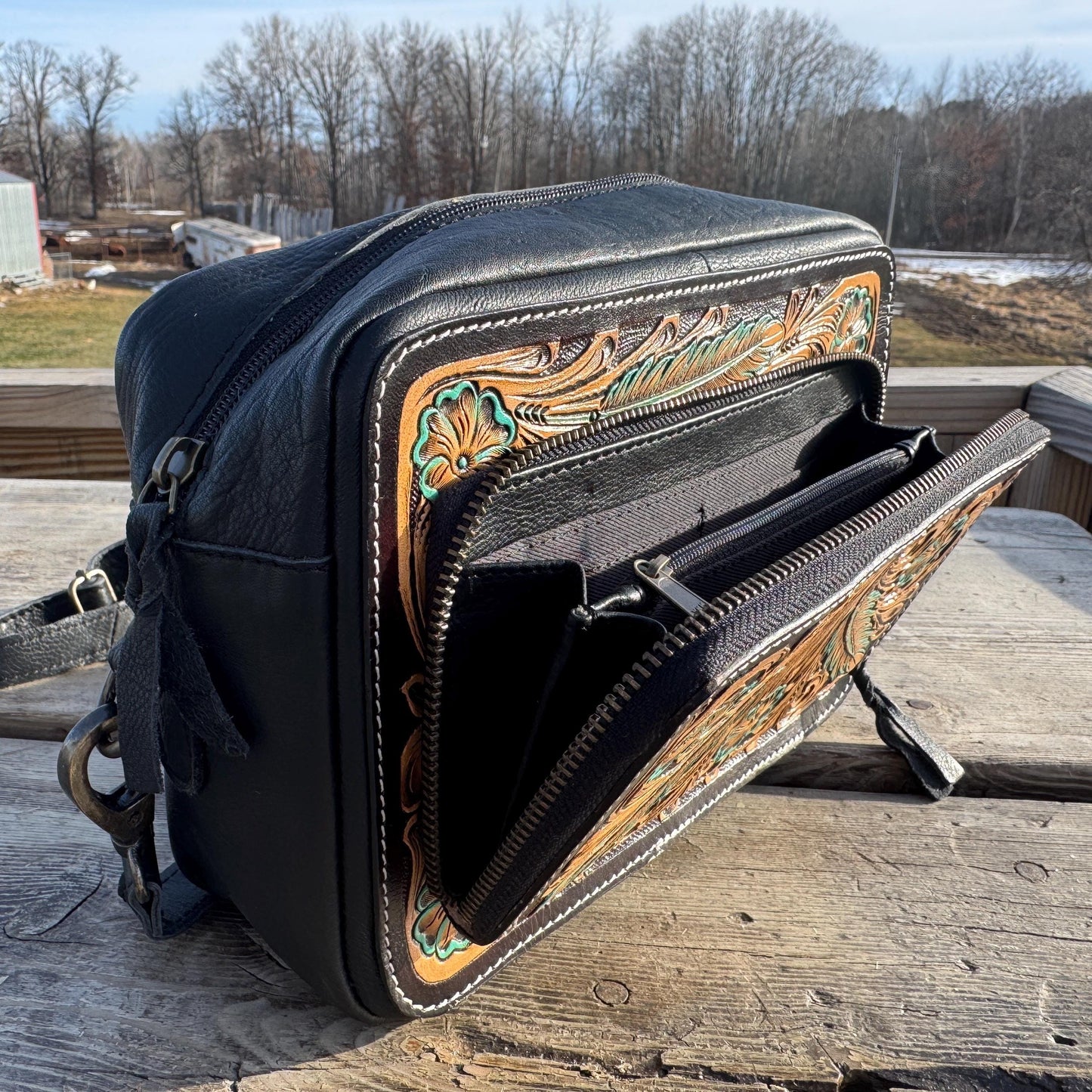 Black and Turquoise Saddle Ridge Tooled Leather Western Crossbody Bag