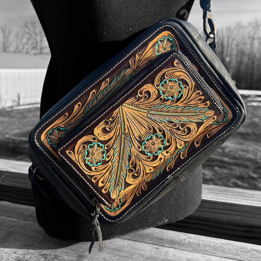 Black and Turquoise Saddle Ridge Tooled Leather Western Crossbody Bag