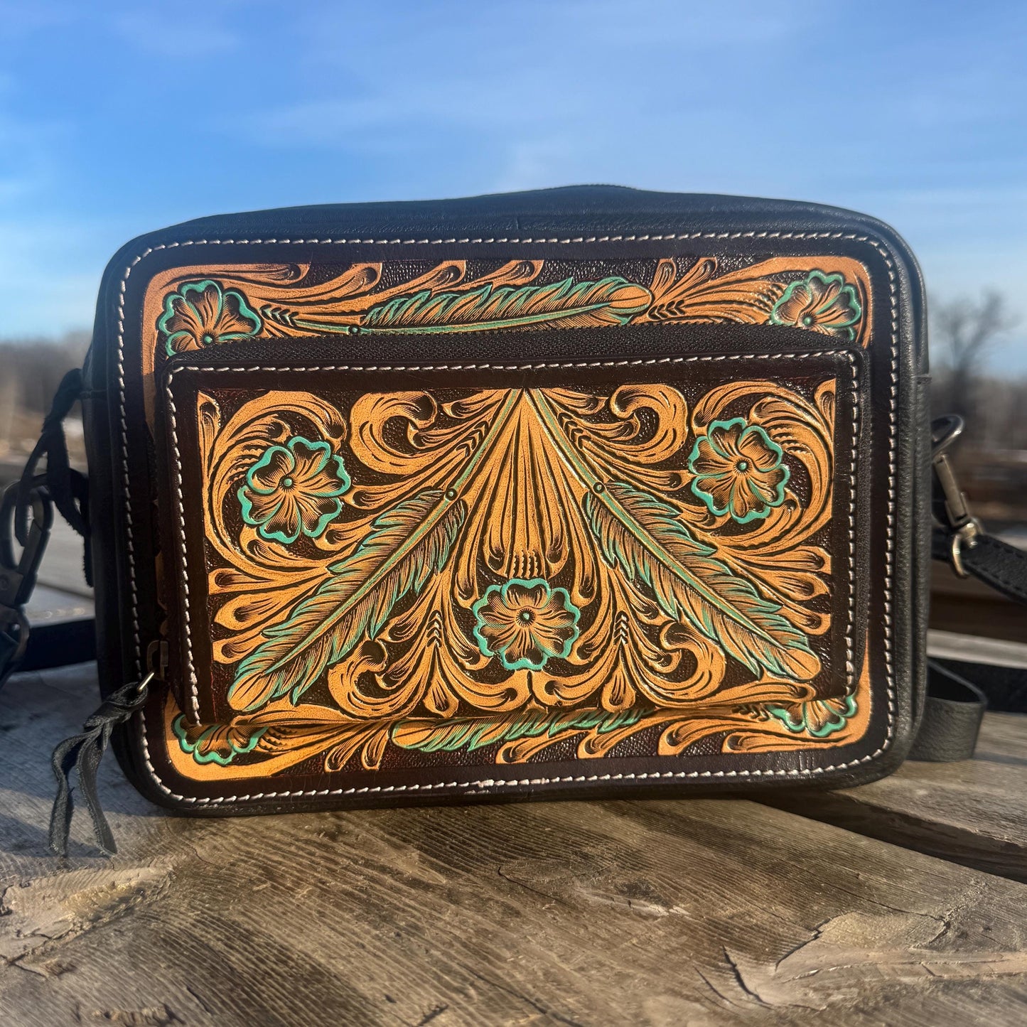 Black and Turquoise Saddle Ridge Tooled Leather Western Crossbody Bag