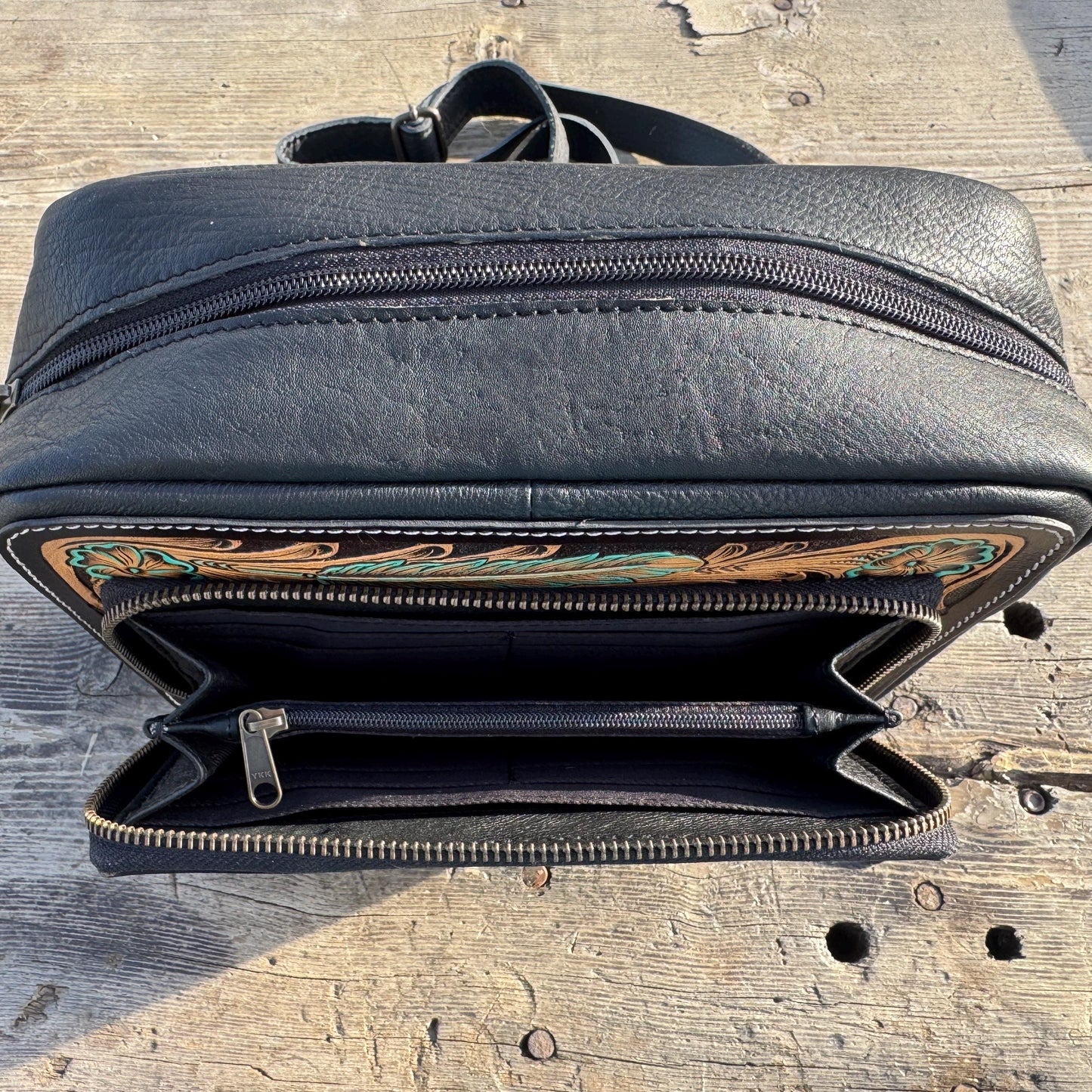 Black and Turquoise Saddle Ridge Tooled Leather Western Crossbody Bag