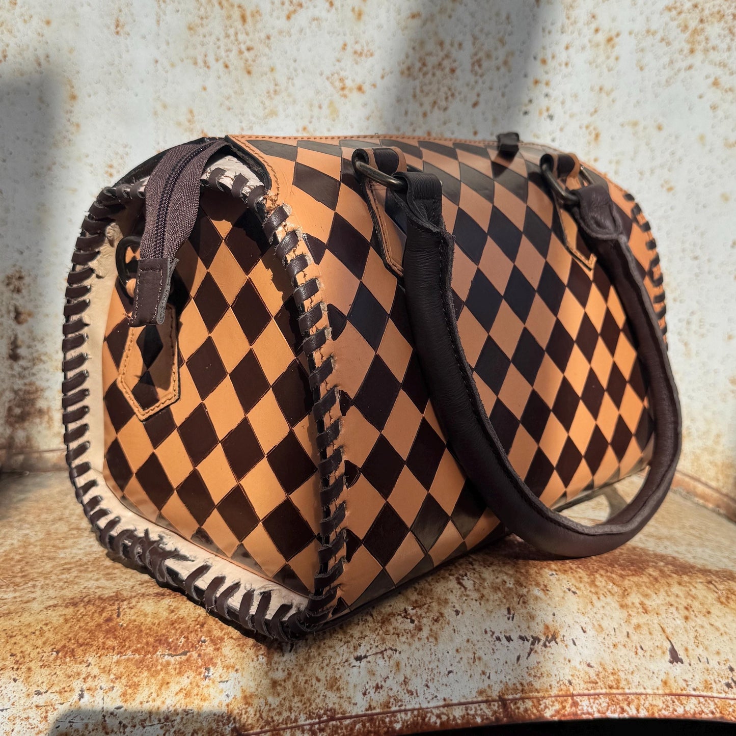 Caramel Espresso Checkered Speedy Western Genuine Leather Purse