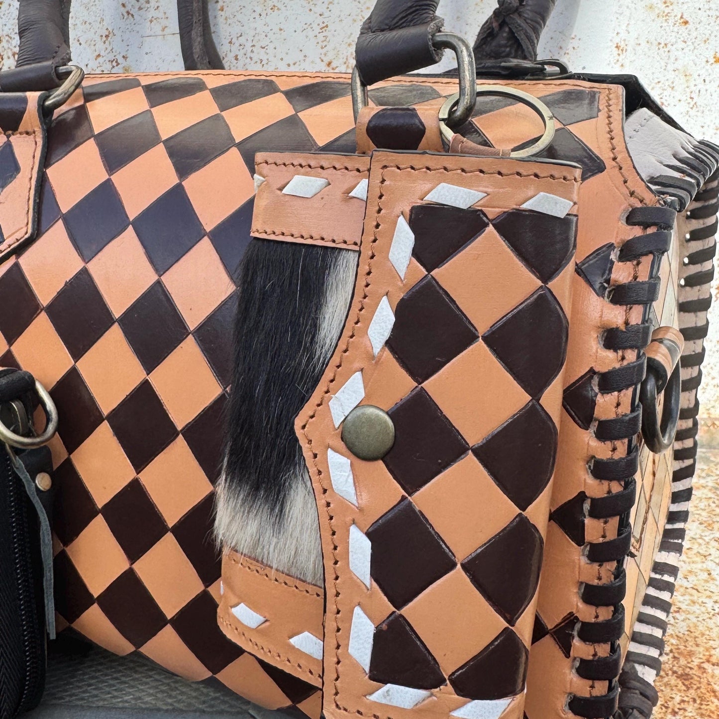 Caramel Espresso Checkered Speedy Western Genuine Leather Purse