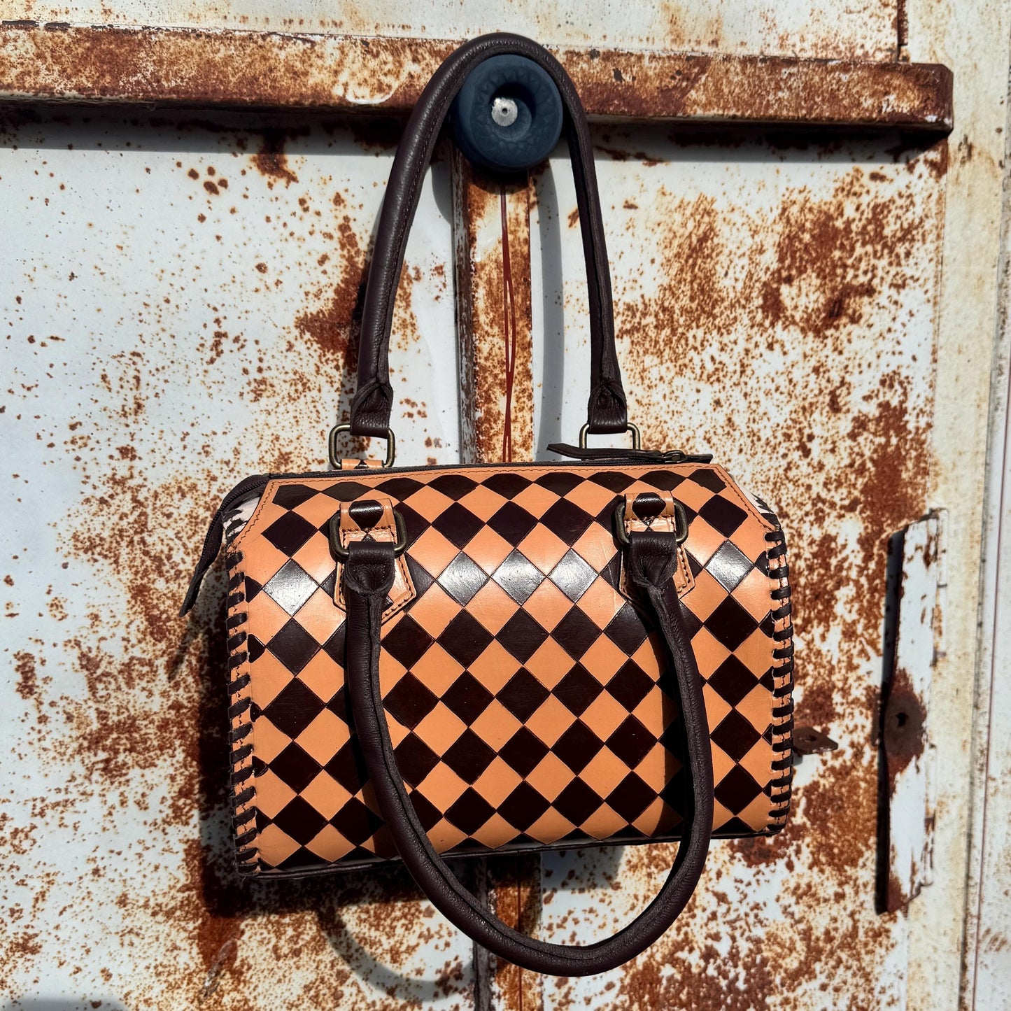 Caramel Espresso Checkered Speedy Western Genuine Leather Purse